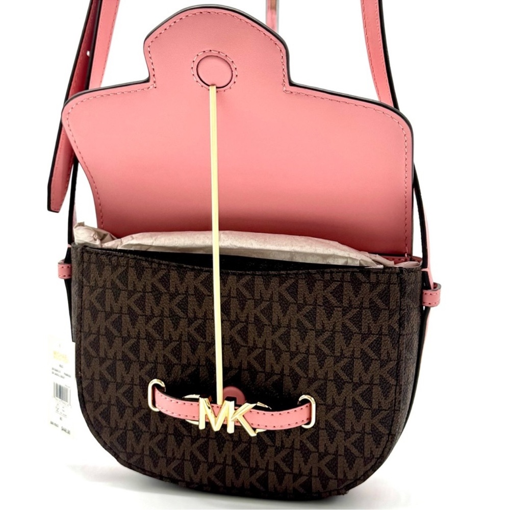 Michael Kors Small Reed Leather Saddle Crossbody Bag Brown/Light Pink - Picture 7 of 9